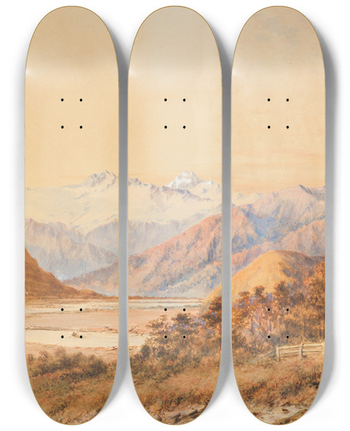 Triptych art skateboard deck of Charles Decimus Barraud View Of Mt Aspiring Province Of Otago Looking North Up The Valley Of Matekitiki River From Dr Hectors Camp Of 1863 by Charles Decimus Barraud (1822-1897)