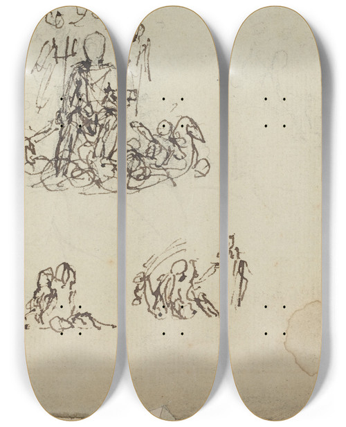 Triptych art skateboard deck of John Flaxman Study Of Neptune And Sea Creatures by John Flaxman (1755-1826)