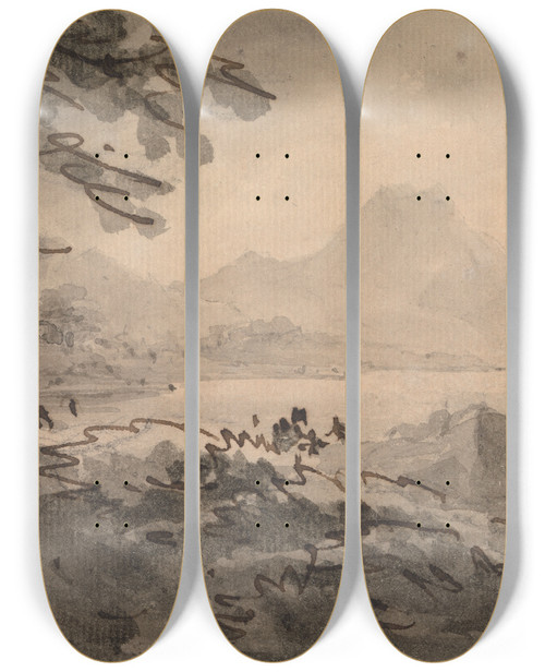 Triptych art skateboard deck of William Gilpin A Lake With Mountains Rising Beyond by William Gilpin (1724-1804)
