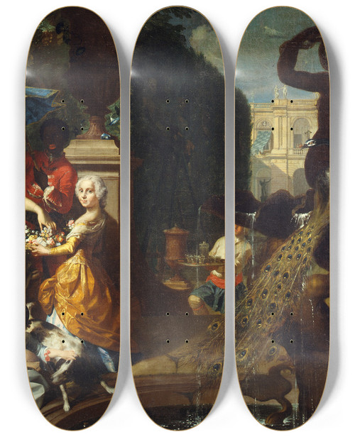 Triptych art skateboard deck of Carl Marcus Tuscher A Family Group On A Terrace In The Grounds Of A Villa by Carl Marcus Tuscher (1705-1751)