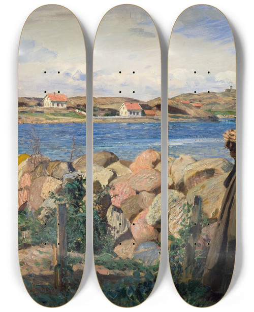 Triptych art skateboard deck of Eilif Peterssen From The Norwegian Archipelago by Eilif Peterssen (1852-1928)