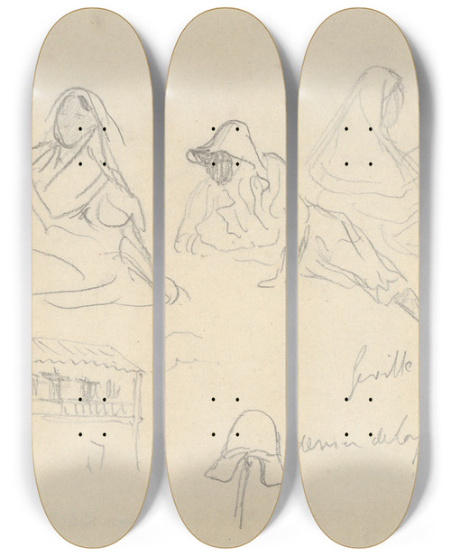 Triptych art skateboard deck of Eugne Delacroix Sketches Of Figures And A Tileroofed Building Seville Spain by Eugene Delacroix (1798-1863)