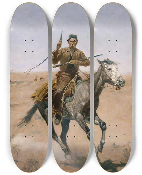 Triptych art skateboard deck of Frederic Remington The Flight by Frederic Remington (1861-1909)