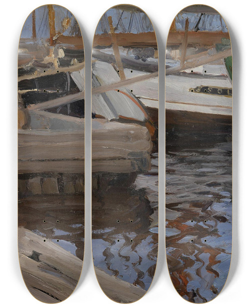 Triptych art skateboard deck of Sergei Arsenevich Vinogradov Boats In Arkhangelsk Port Study by Sergei Arsenevich Vinogradov (1869-1938)