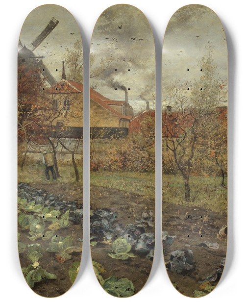 Triptych art skateboard deck of Frits Thaulow View Of Amerikavej In Copenhagen by Frits Thaulow (1847-1906)