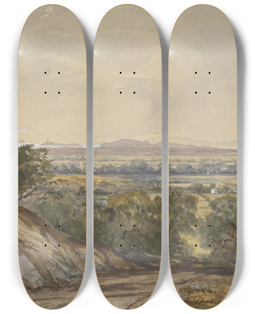 Triptych art skateboard deck of William James Mller Cleeve Somerset With Bridgewater Bay In The Distance by William James Muller (1812-1845)