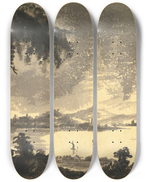 Triptych art skateboard deck of William Gilpin River Forth With The Town And Castle Of Stirling In The Distance by William Gilpin (1724-1804)