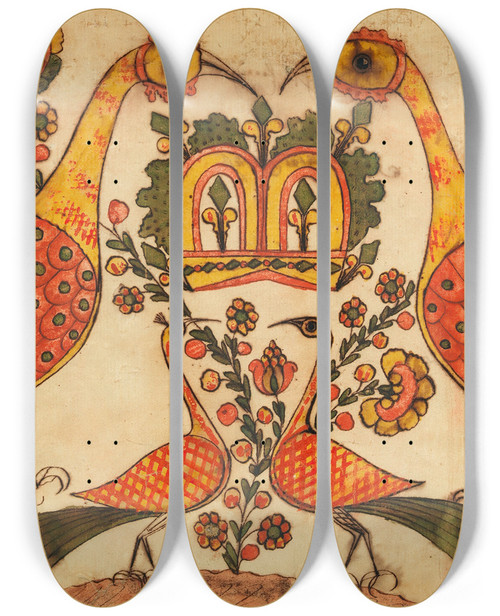 Triptych art skateboard deck of Johann Heinrich Otto Fraktur Motifs by Johann Heinrich Otto (1733-1800)
