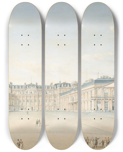 Triptych art skateboard deck of Victorjean Nicolle Courtyard Of The Chateau De Saintcloud by Victor-Jean Nicolle (1754-1826)