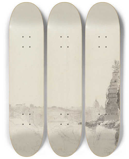 Triptych art skateboard deck of Carlo Labruzzi A Panoramic View Toward St Peters From The Palace Of The Caesars by Carlo Labruzzi (1748-1817)