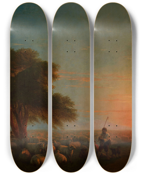 Triptych art skateboard deck of Ivan Konstantinovich Aivazovsky Shepherds With A Flock Of Sheep_1 by Ivan Konstantinovich Aivazovsky (1817-1900)