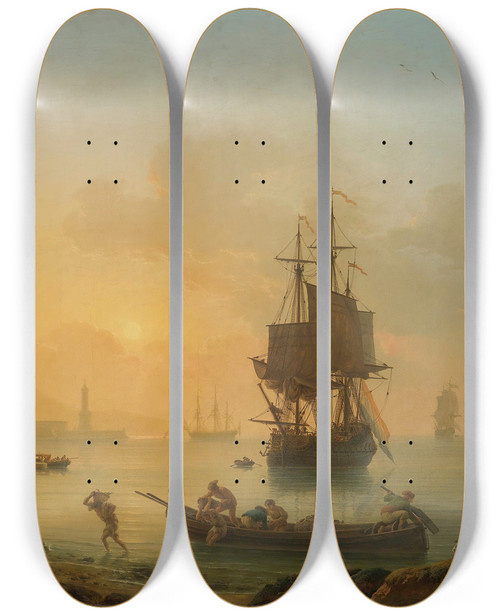 Triptych art skateboard deck of Claudejoseph Vernet A Grand View Of The Sea Shore Enriched With Buildings Shipping And Figures by Claude Joseph Vernet (1714-1789)