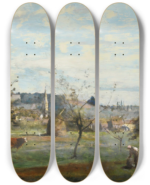Triptych art skateboard deck of Jeanbaptistecamille Corot Un Village Des Environs De Mantes by Jean-Baptiste-Camille Corot (1796-1875)