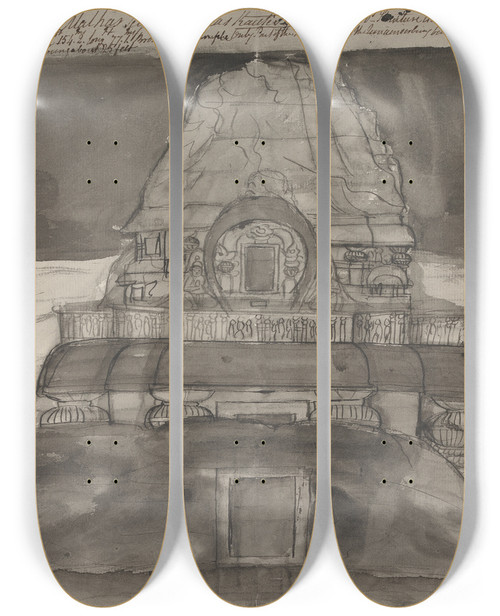 Triptych art skateboard deck of Gangaram Chintaman Tambat View Of A Rockcarved Temple Ellora by Gangaram Chintaman Tambat