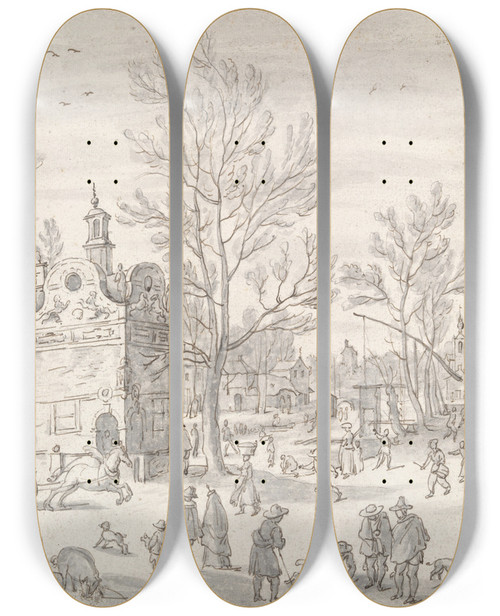 Triptych art skateboard deck of Sebastian Vrancx Winter Scene In Thecity by Sebastian Vrancx (1573-1647)