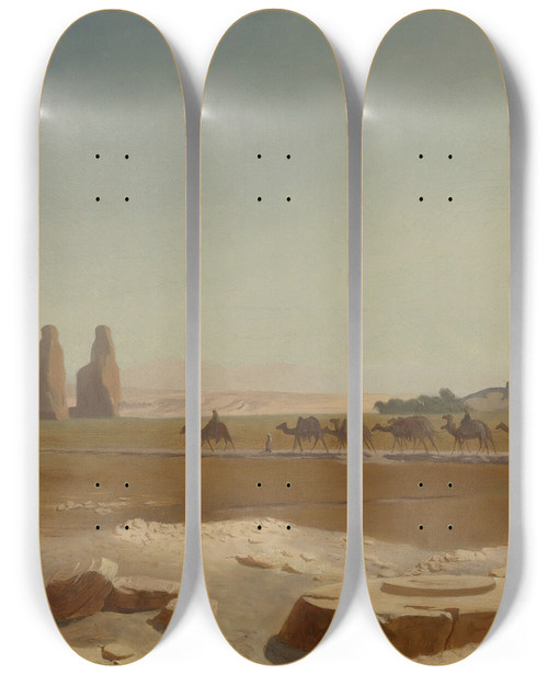 Triptych art skateboard deck of Jeanlon Grme Caravan Passing The Colossi Of Memnon Thebes_2 by Jean-Lon Grme (1824-1904)