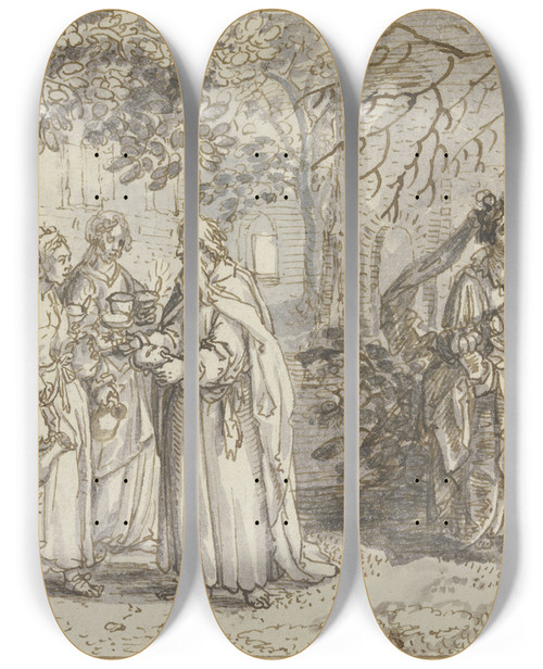 Triptych art skateboard deck of David Vinckboons Die Klugen Und Die Trichten Jungfrauen by David Vinckboons (1576-1629)