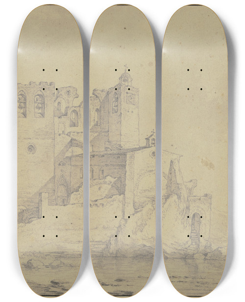 Triptych art skateboard deck of Philip James De Loutherbourg Blick Auf Ein Altes Schloss An Der Rhne by Philip James De Loutherbourg (1740-1812)