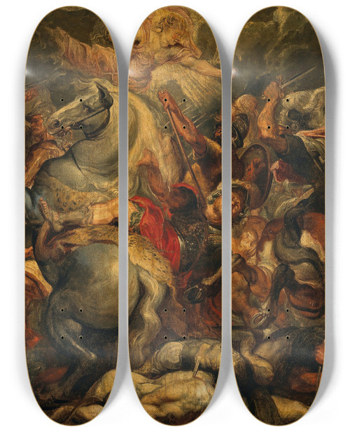 Triptych art skateboard deck of Follower Of Peter Paul Rubens The Death Of Decius Mus In A Battle Against The Latins by Follower Of Peter Paul Rubens (1577-1640)