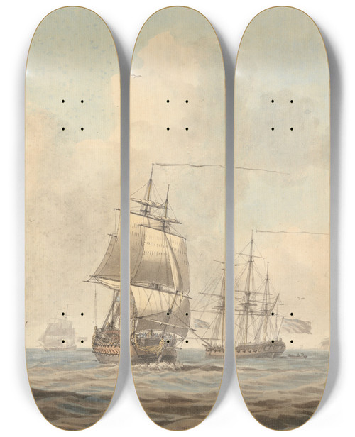 Triptych art skateboard deck of Dominic Serres Warships Passing In The Channel by Dominic Serres (1722-1793)