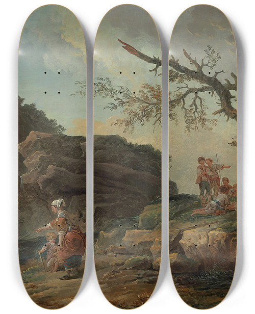 Triptych art skateboard deck of Hubert Robert La Cascade A Rocky Hillside With A Peasant Woman And Child Near A Waterfall And Boys Resting By A Blasted Tree by Hubert Robert (1733-1808)