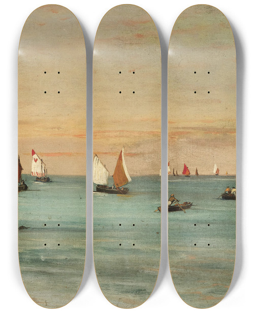 Triptych art skateboard deck of Alois Schnn Sailing In A Lagune by Alois Schonn (1826-1897)