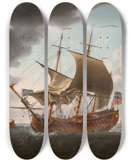 Triptych art skateboard deck of Francis Swaine A British Warship In Three Positions In The Channel by Francis Swaine (1725-1782)