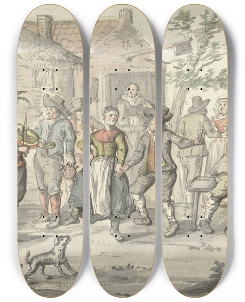 Triptych art skateboard deck of Gerrit Grasdorp Vrolijk Gezelschap Voor Een Herberg by Gerrit Grasdorp (1659-1716)