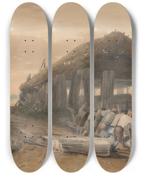 Triptych art skateboard deck of John Varley Boat Building by John Varley (1778-1842)