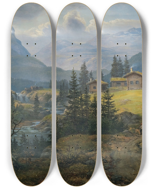 Triptych art skateboard deck of Johan Christian Dahl View Of Ylo Farm Valdres by Johan Christian Dahl (1788-1857)