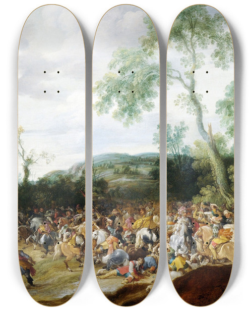 Triptych art skateboard deck of Pauwels Van Hillegaert Schlachtengetmmel In Weiter Hgeliger Landschaft by Pauwels Van Hillegaert (1596-1640)