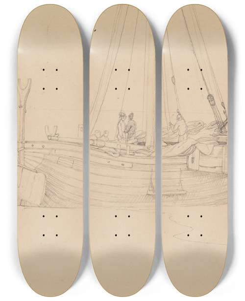 Triptych art skateboard deck of Johann Wilhelm Schirmer Fischerkahn Am Strand Von Scheveningen Fol 29 by Johann Wilhelm Schirmer (1807-1863)