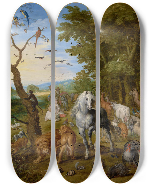 Triptych art skateboard deck of Jan Brueghel The Elder The Entry Of The Animals Into Noahs Ark by Jan Brueghel The Elder (1568-1625)