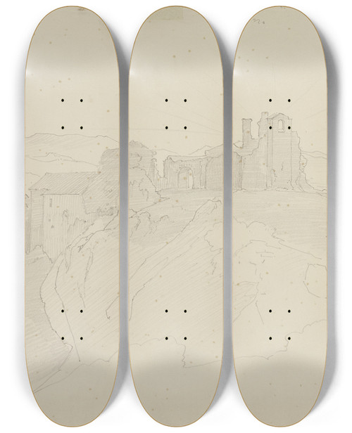 Triptych art skateboard deck of August Lucas Ruins Near Olevano by August Lucas (1803-1863)