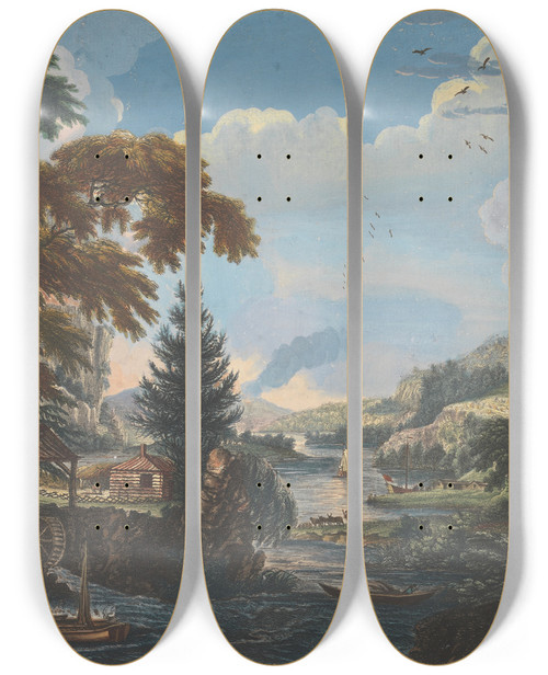 Triptych art skateboard deck of Paul Sandby One Of Six Remarkable Views In The Provinces Of New York New Jersey And Pennsylvania From Scenographi Americana_1 by Paul Sandby (1731-1809)