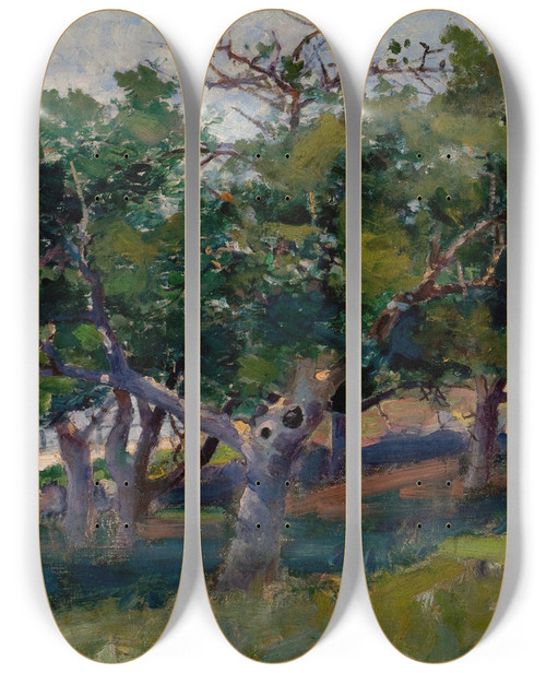 Triptych art skateboard deck of Arthur Cumming Landscape With Trees by Arthur Cumming (1847-1913)