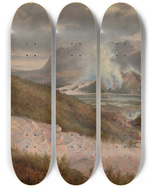 Triptych art skateboard deck of Charles Blomfield Pink Terraces_1 by Charles Blomfield (1848-1926)