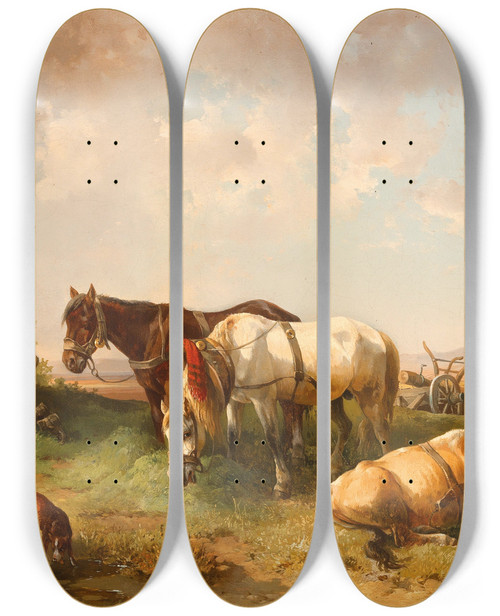 Triptych art skateboard deck of Edmund Mahlknecht Resting In The Fields In The Background Perchtoldsdorf by Edmund Mahlknecht (1820-1903)