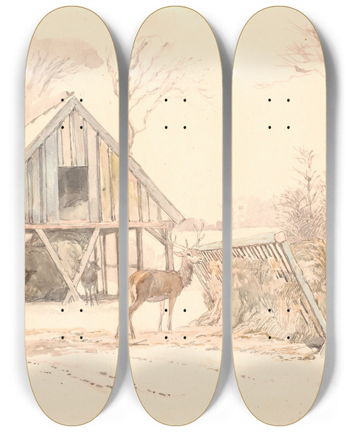 Triptych art skateboard deck of Johan Thomas Lundbye Foderhkkene Til Vildtet I Dyrehaven by Johan Thomas Lundbye (1818-1848)