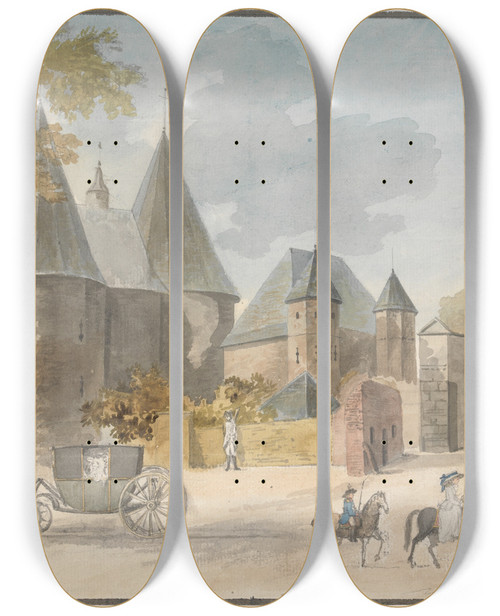 Triptych art skateboard deck of Charles Gore Gate Toward Bursit Aixlachappelle by Charles Gore (1729-1807)