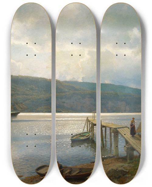 Triptych art skateboard deck of Hans Gude The Jetty At Feste Near Moss by Hans Gude (1825-1903)
