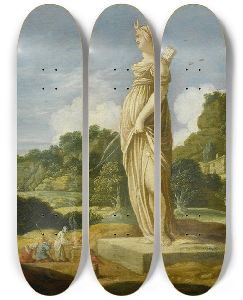Triptych art skateboard deck of Jacob Symonsz Pynas Landscape With Worshippers At The Altar Of Diana by Jacob Symonsz Pynas (1592-1650)