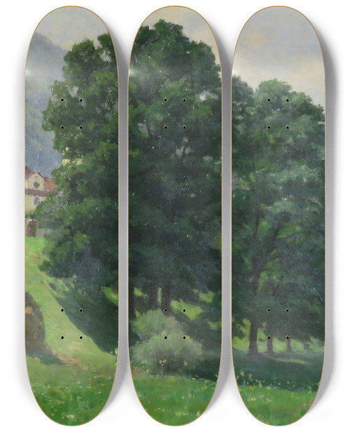 Triptych art skateboard deck of Fritz Wilhelm Rabending Blick Auf Stift Stams by Fritz Wilhelm Rabending (1862-1929)