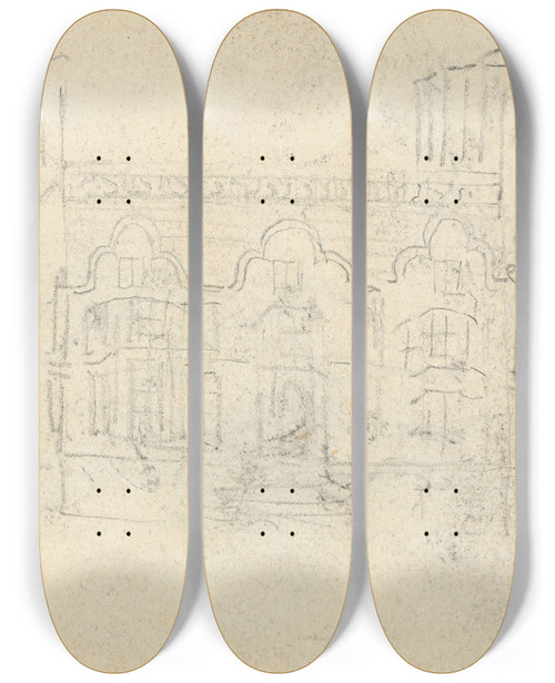 Triptych art skateboard deck of Thomas Bradshaw Facade Of A House And Sketch Of A Man With A Cane by Thomas Bradshaw (1767)