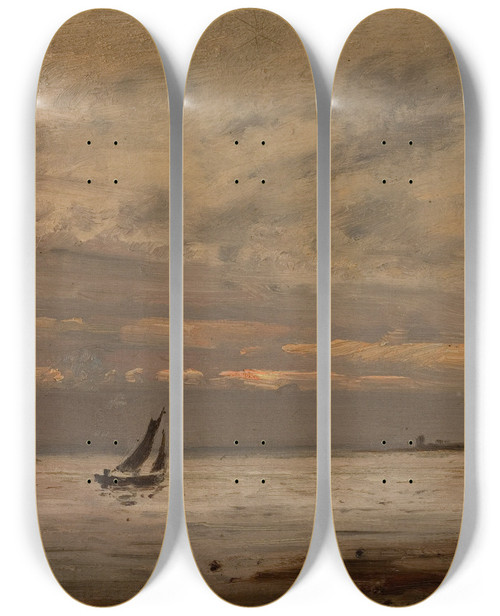 Triptych art skateboard deck of Amaldus Nielsen Mot Aften by Amaldus Nielsen (1838-1932)