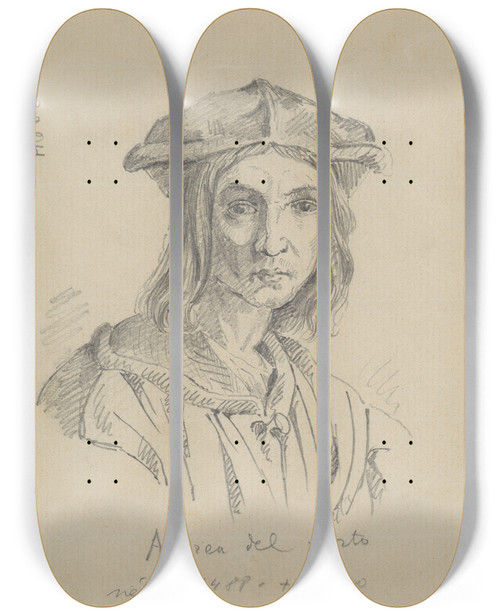 Triptych art skateboard deck of Stanisaw Wyspiaski Copies Of Engravings Depicting A Portrait Of Baccio Bandinelli By Andrea Del Sarto And A Selfportrait Of Masaccio by Stanislaw Wyspianski (1869-1907)