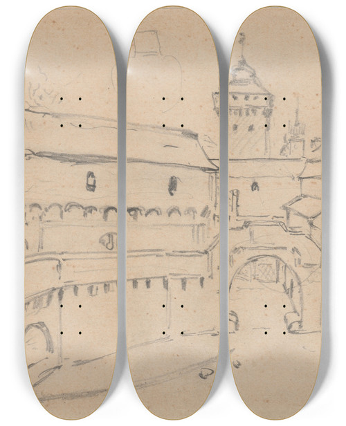 Triptych art skateboard deck of Stanisaw Wyspiaski Sketch Of The Interior Of The Barbican Of Cracow_1 by Stanislaw Wyspianski (1869-1907)