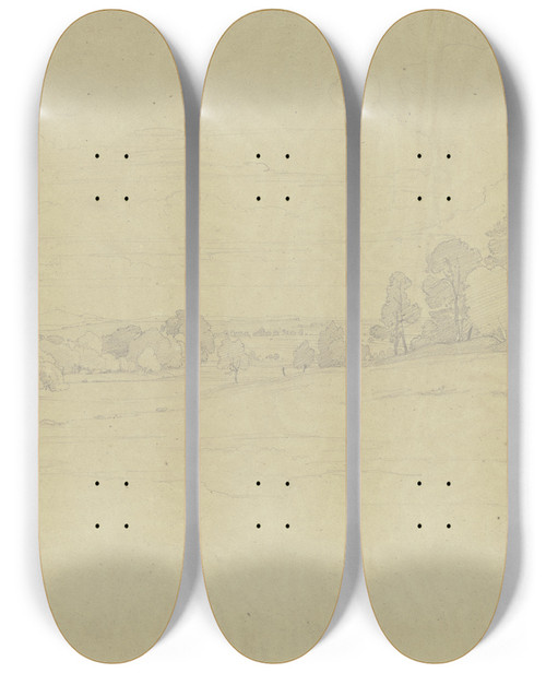 Triptych art skateboard deck of Johann Wilhelm Schirmer Meadow Ground Near Kronberg by Johann Wilhelm Schirmer (1807-1863)