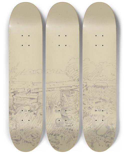 Triptych art skateboard deck of Wilhelm Busch Steinbrcke In Weiter Landschaft by Wilhelm Busch (1832-1908)