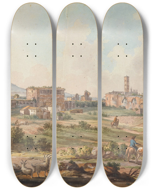 Triptych art skateboard deck of Willey Reveley Ruins In Rome With Goats Cows And Herdsmen by Willey Reveley (1760-1799)
